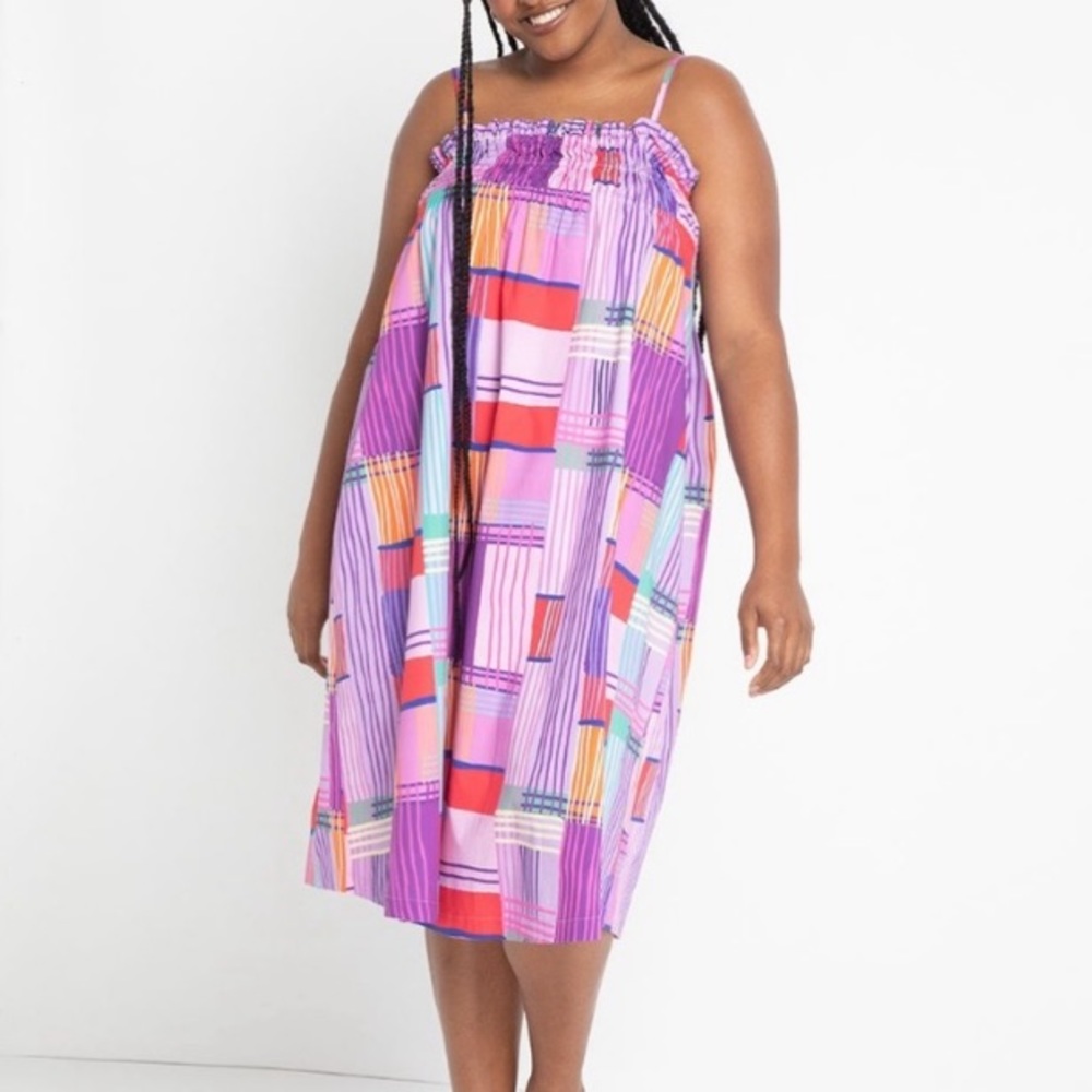 Eloquii Purple Plaid Smocked Bodice Shift Sleeveless Empire Gathered Midi Dress